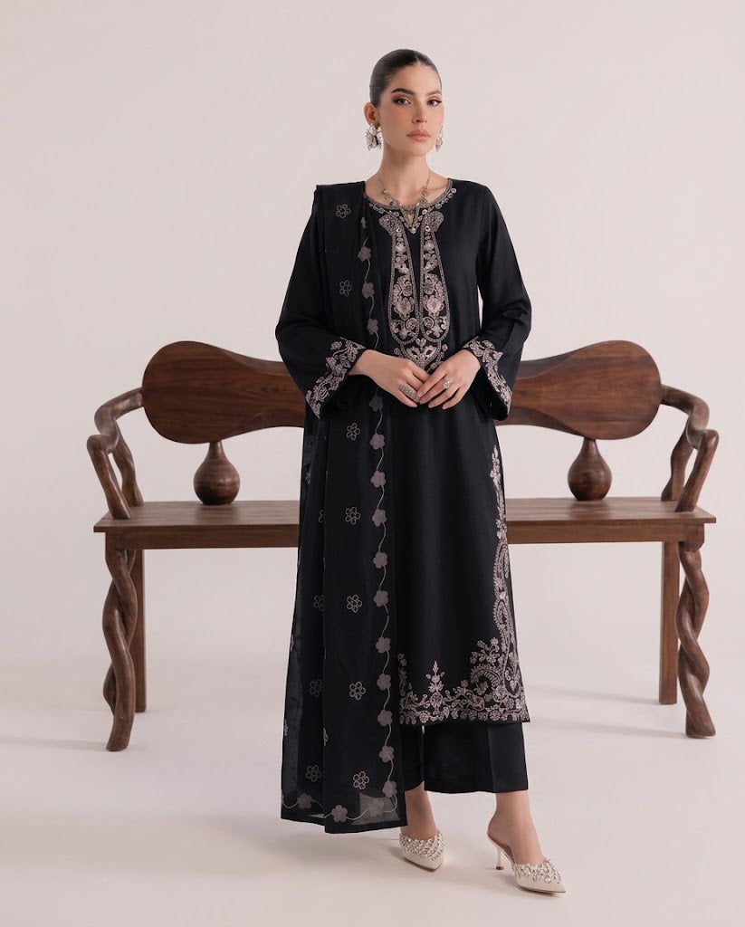 Jet Black Embroidered 3PC Dhanak Suit with Digital Printed Shawl (HE D#255A)