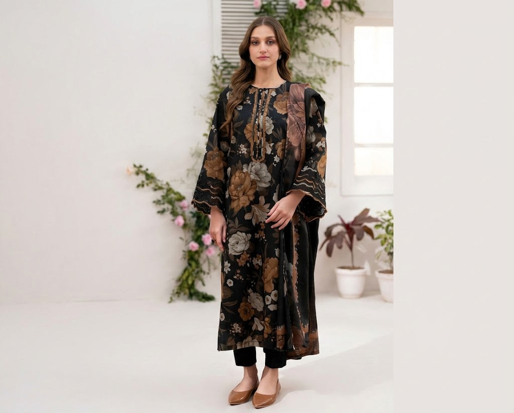 Black Floral Print 3PC Linen Suit with Lace-Trimmed Sleeves (HE D# 82)
