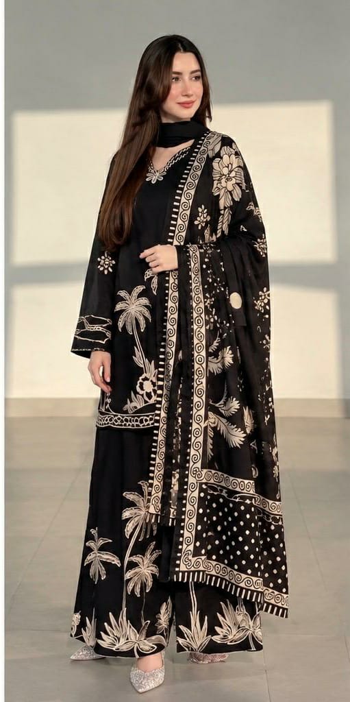 Black Ivory Palm Print 3PC Dhanak Suit with Full Embroidery Ethnic (HE D#61B)