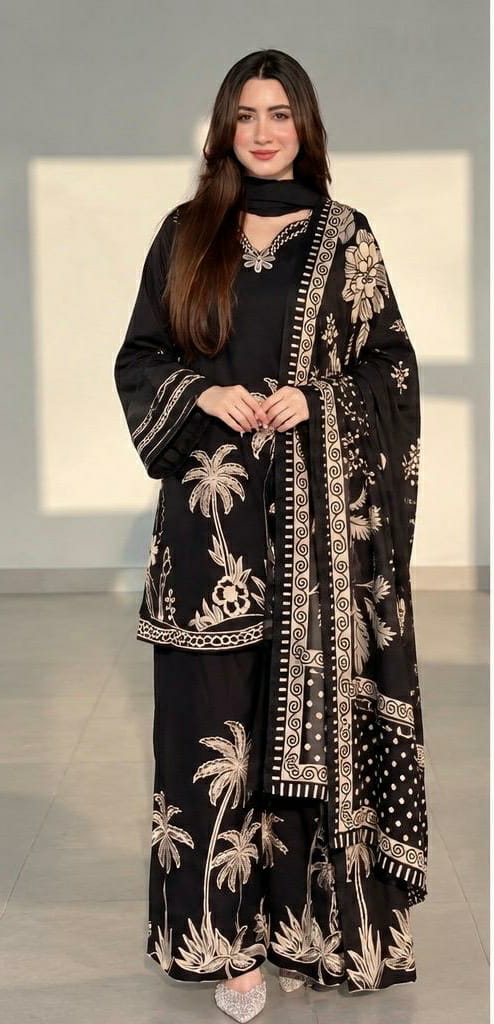 Black Ivory Palm Print 3PC Dhanak Suit with Full Embroidery Ethnic (HE D#61B)