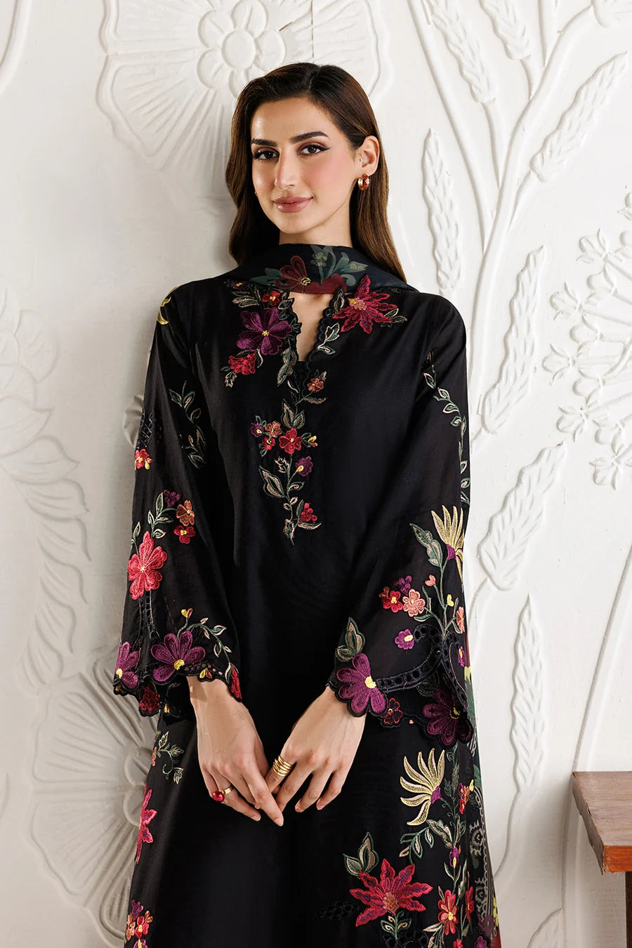Black Embroidered 3PC Dhanak Suit with Printed Shawl (TFS 125)