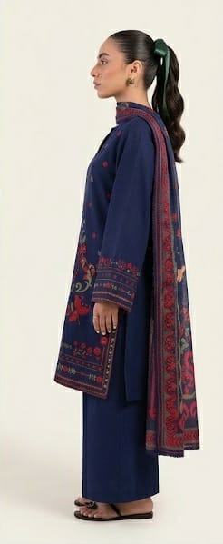 Navy Blue Embroidered 3PC Dhanak Suit with Folk Floral Embroidery (HE D# 263B)