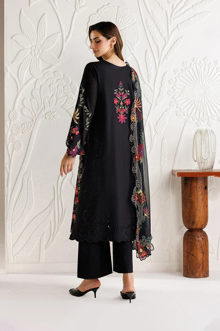 Black Embroidered 3PC Dhanak Suit with Printed Shawl (TFS 125)
