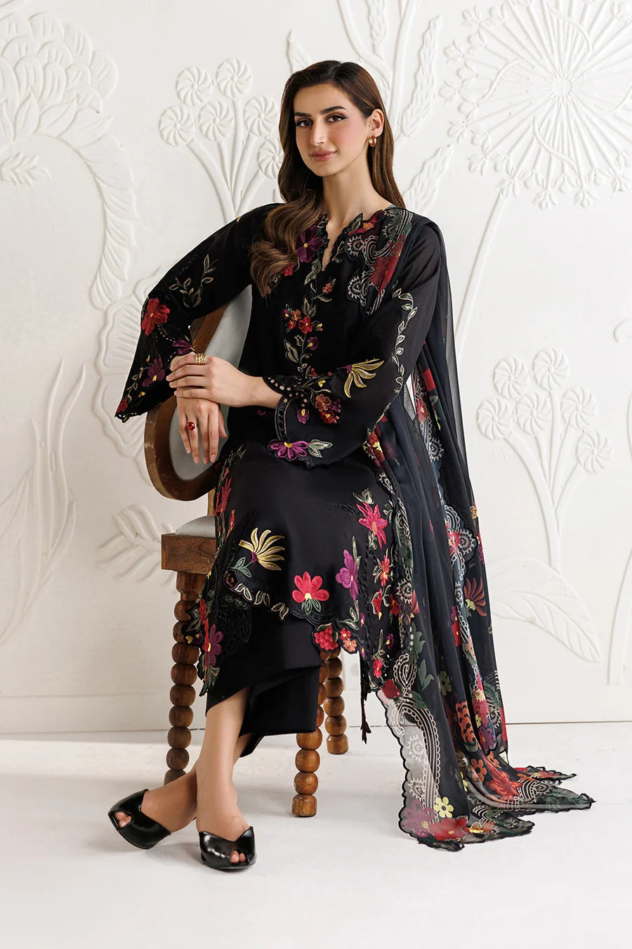 Black Embroidered 3PC Dhanak Suit with Printed Shawl (TFS 125)