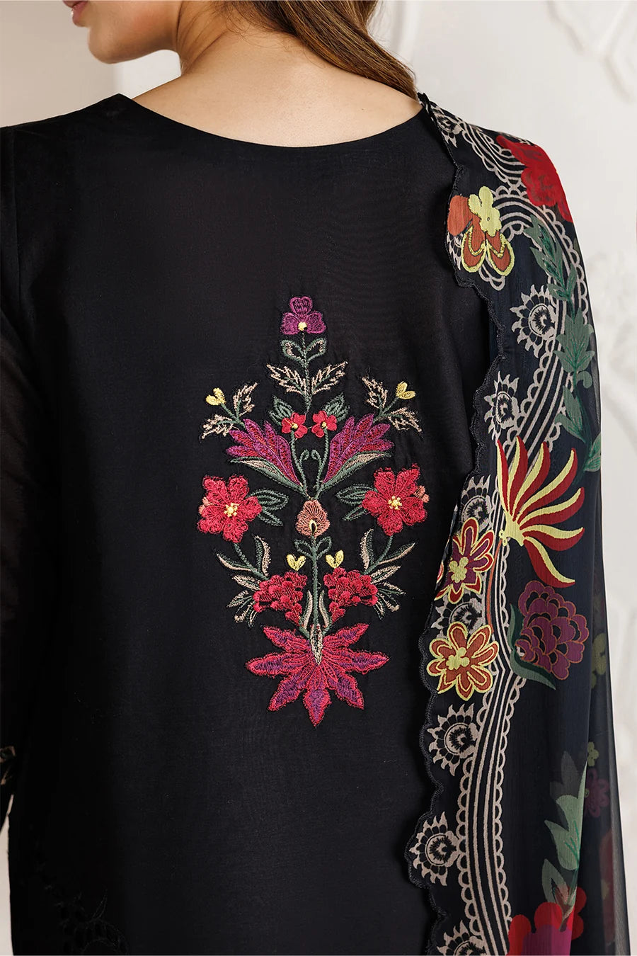 Black Embroidered 3PC Dhanak Suit with Printed Shawl (TFS 125)