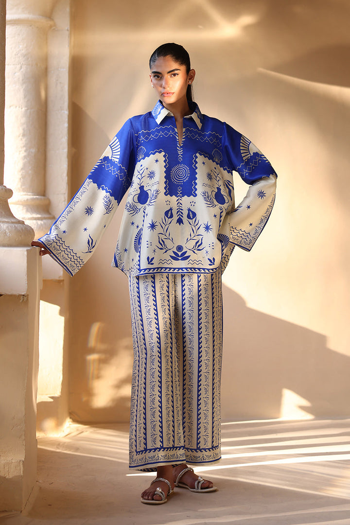Blue Printed Unstitched 2PC Co-Ord Set (HE)