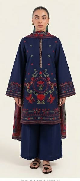 Navy Blue Embroidered 3PC Dhanak Suit with Folk Floral Embroidery (HE D# 263B)