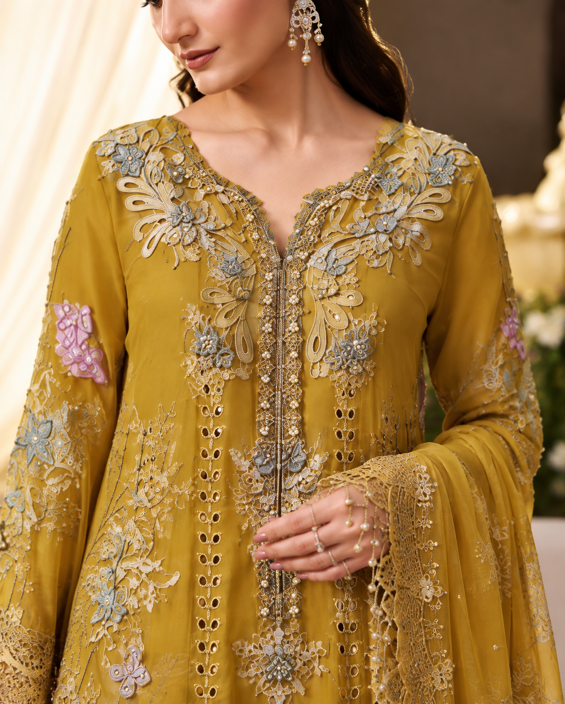 Mustard Yellow Embroidered 3PC Dhanak Suit with Printed Shawl (TFS 112)