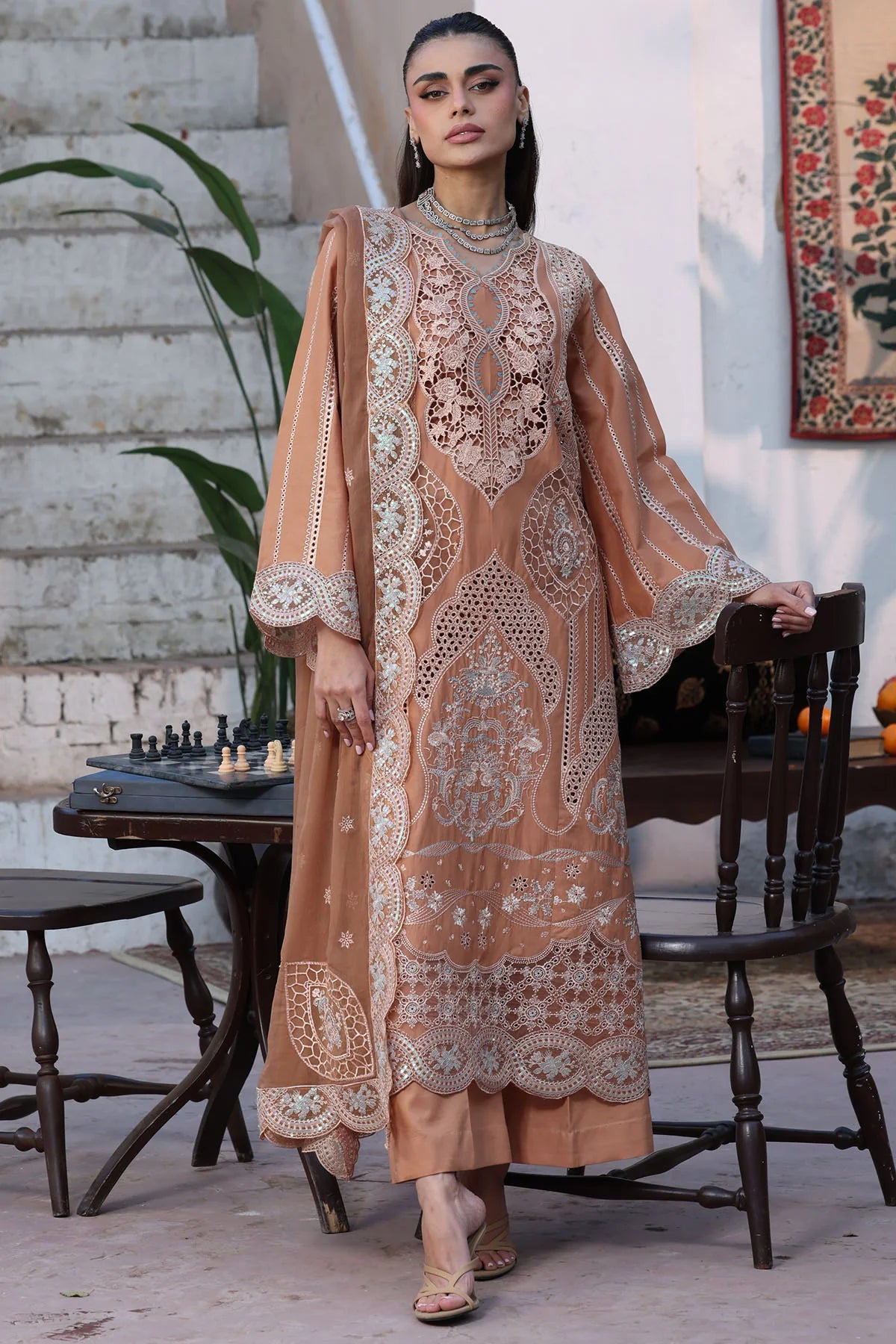Embroidered 3-Piece Unstitched Suit – Mocha Beige (TFS 730)