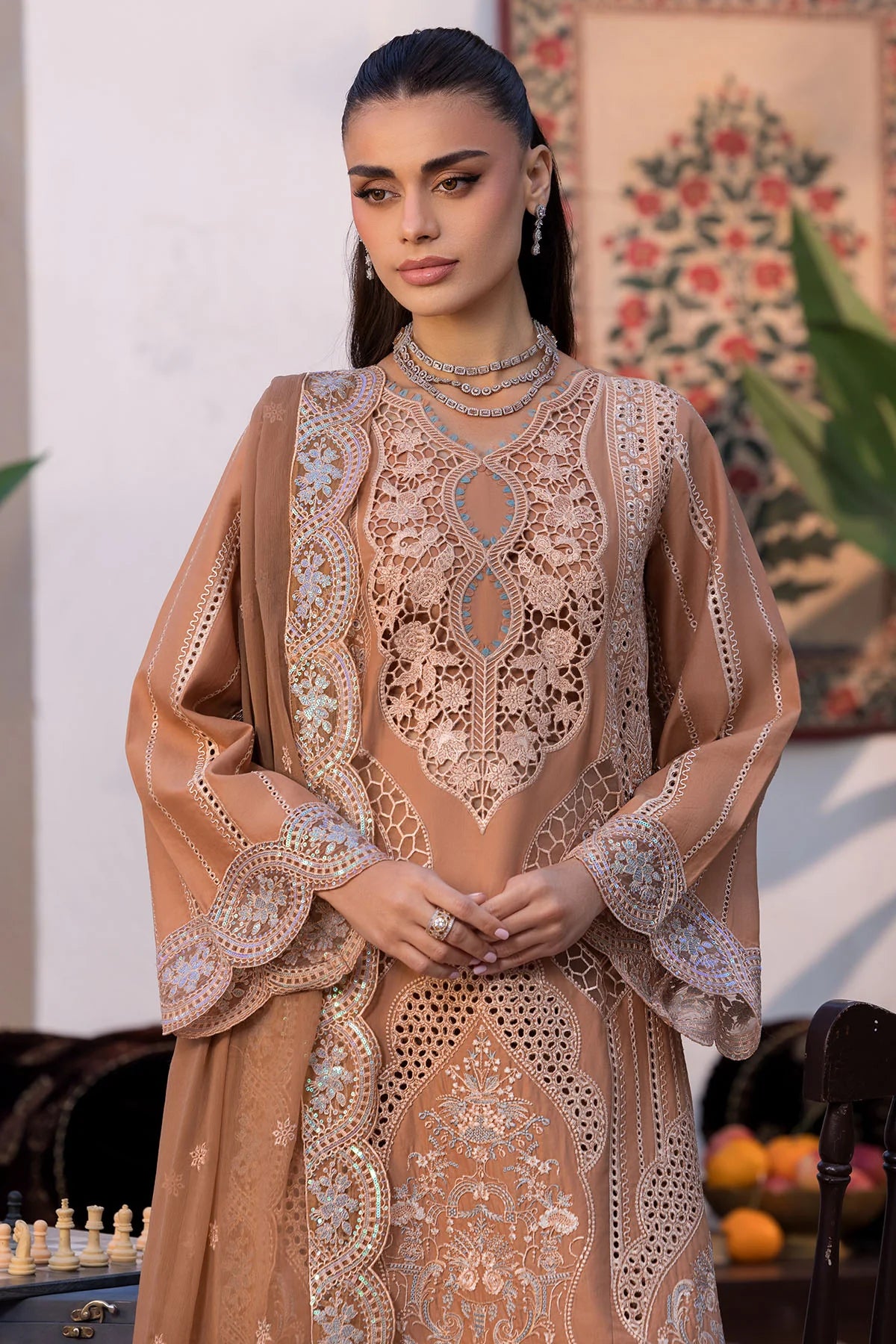 Embroidered 3-Piece Unstitched Suit – Mocha Beige (TFS 730)