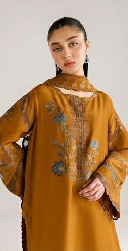 Mustard Embroidered 3PC Dhanak Suit with Scalloped Floral Embroidery (HE D#265B)