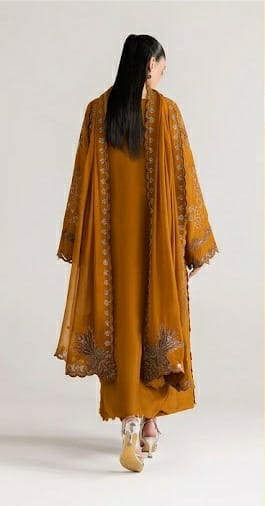Mustard Embroidered 3PC Dhanak Suit with Scalloped Floral Embroidery (HE D#265B)