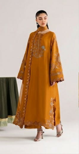 Mustard Embroidered 3PC Dhanak Suit with Scalloped Floral Embroidery (HE D#265B)