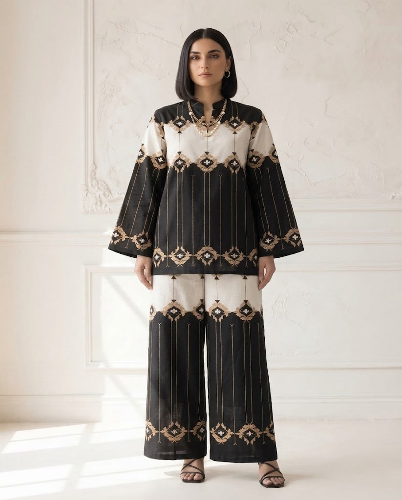 Black Ivory Geometric Print 2PC Linen Suit with Mandarin Collar (HE)