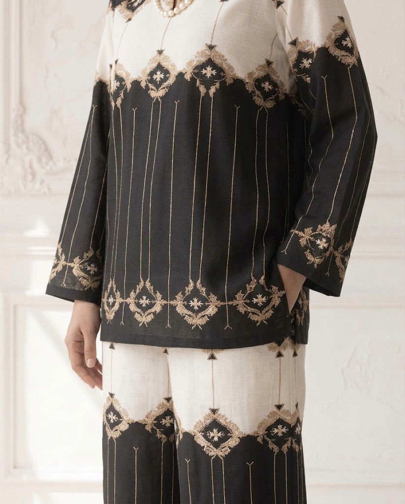 Black Ivory Geometric Print 2PC Linen Suit with Mandarin Collar (HE)