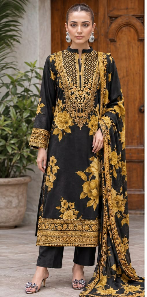 Black Mustard Floral Print 3PC Linen Suit with Embroidered Neckline (HE D#117)