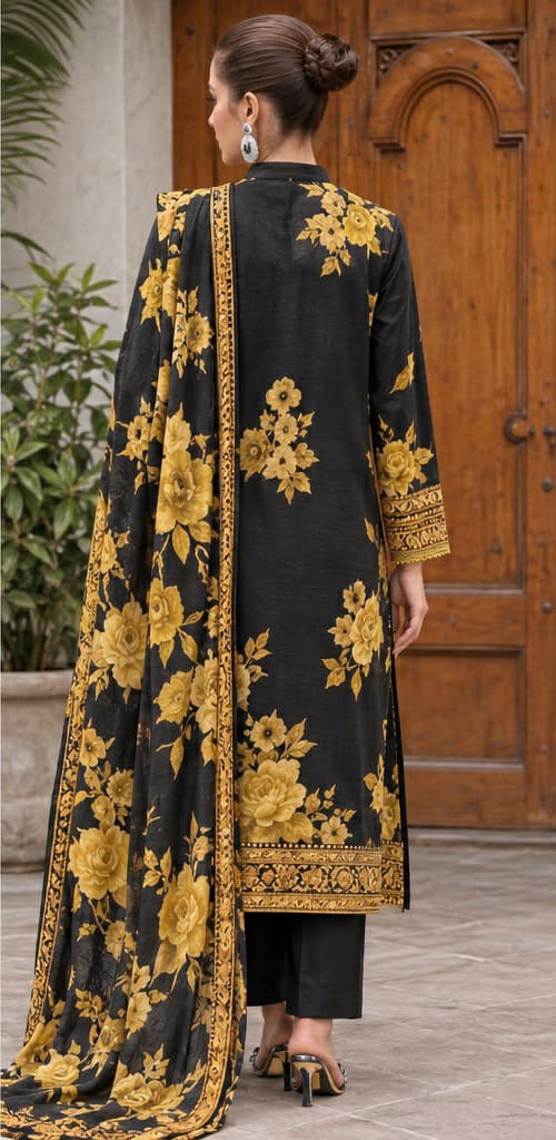 Black Mustard Floral Print 3PC Linen Suit with Embroidered Neckline (HE D#117)