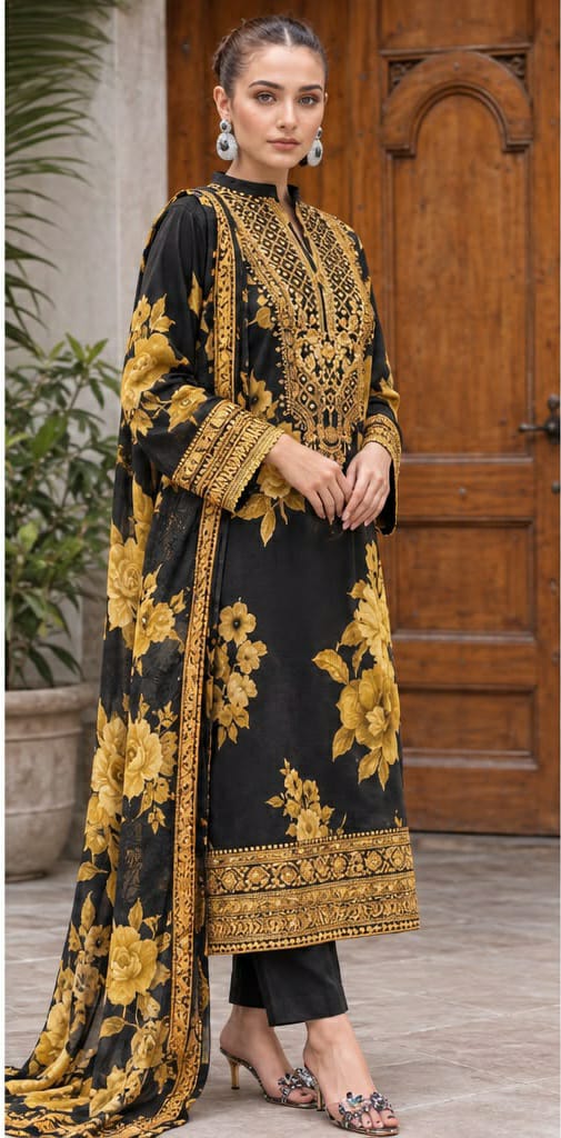 Black Mustard Floral Print 3PC Linen Suit with Embroidered Neckline (HE D#117)