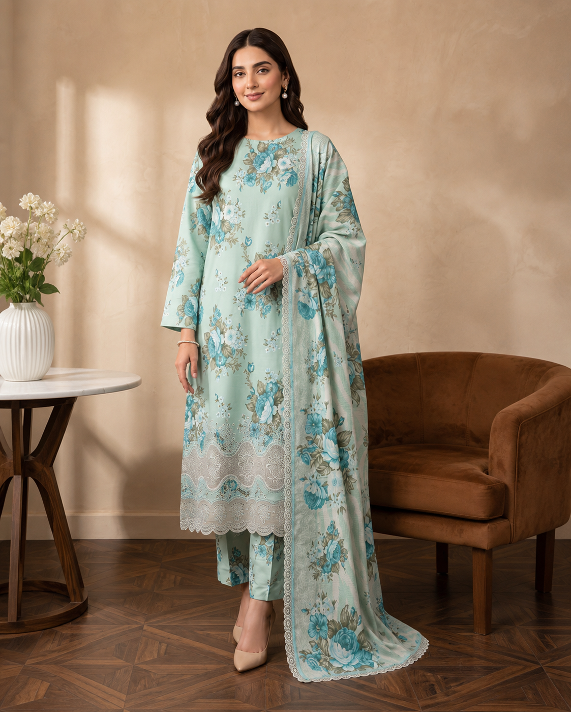 Mint Green Printed 3PC Dhanak Suit with Matching Dupatta (HE D#186A)