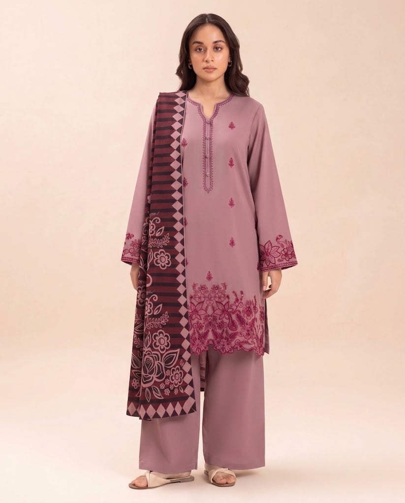 Mauve/Dusty Rose Embroidered 3PC Dhanak Suit with Digital Printed Dupatta (HE D#287B)