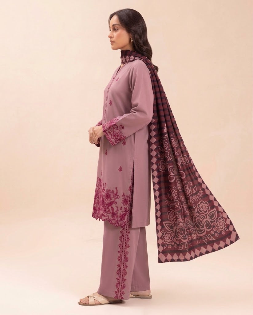 Mauve/Dusty Rose Embroidered 3PC Dhanak Suit with Digital Printed Dupatta (HE D#287B)