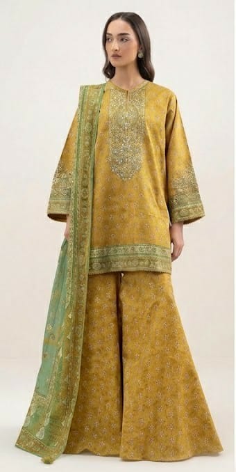 Mustard Yellow Embroidered 3PC Suit with Green Contrast Trim (HE D#88A)
