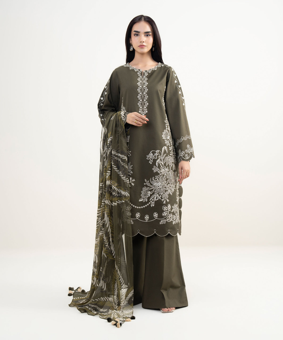 Bottle Green Embroidered Dhanak 3Pc Suit with Printed Shawl (HE D# 68A)
