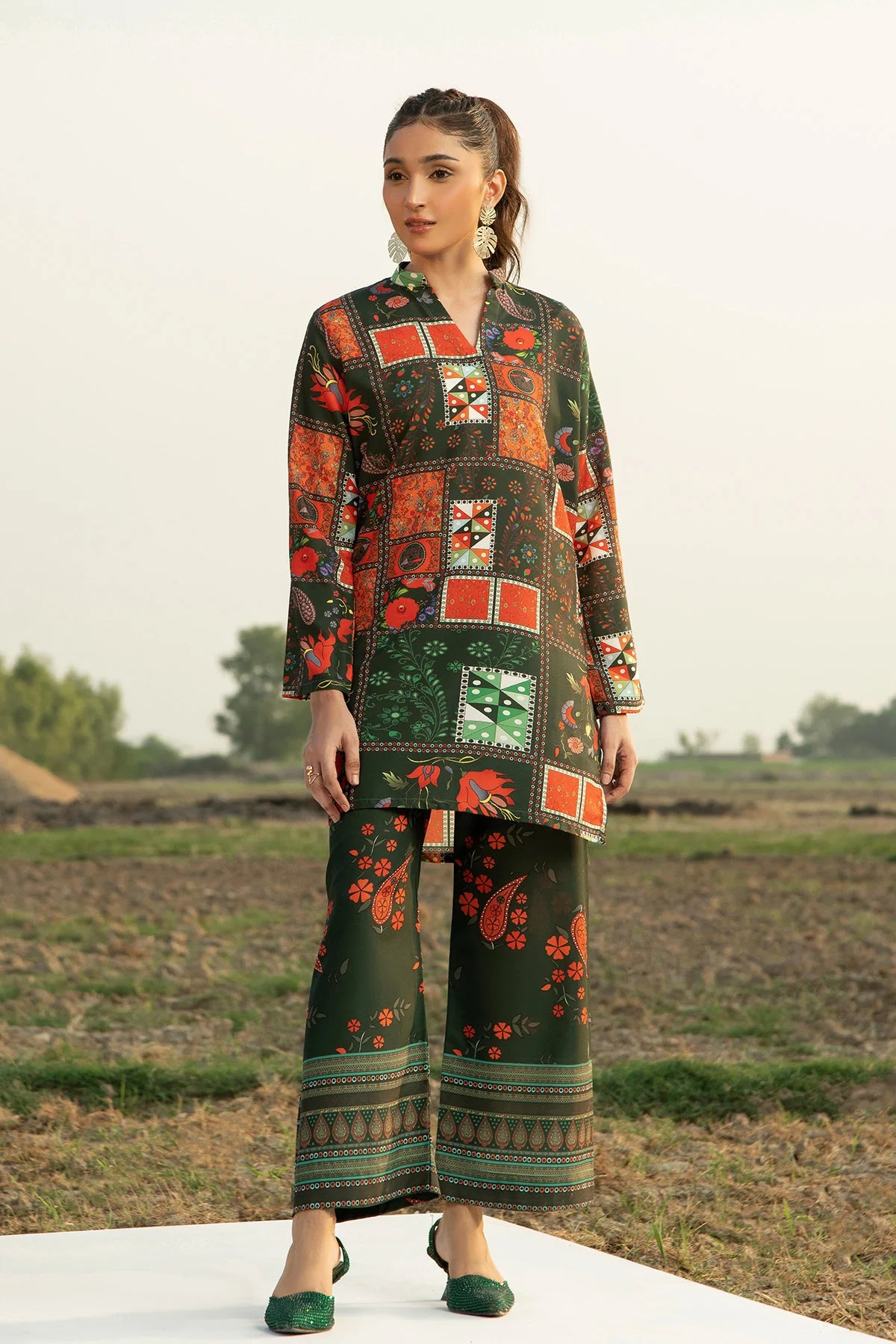 Olive Green Printed Lawn 2-Piece Unstitched Suit (HE)