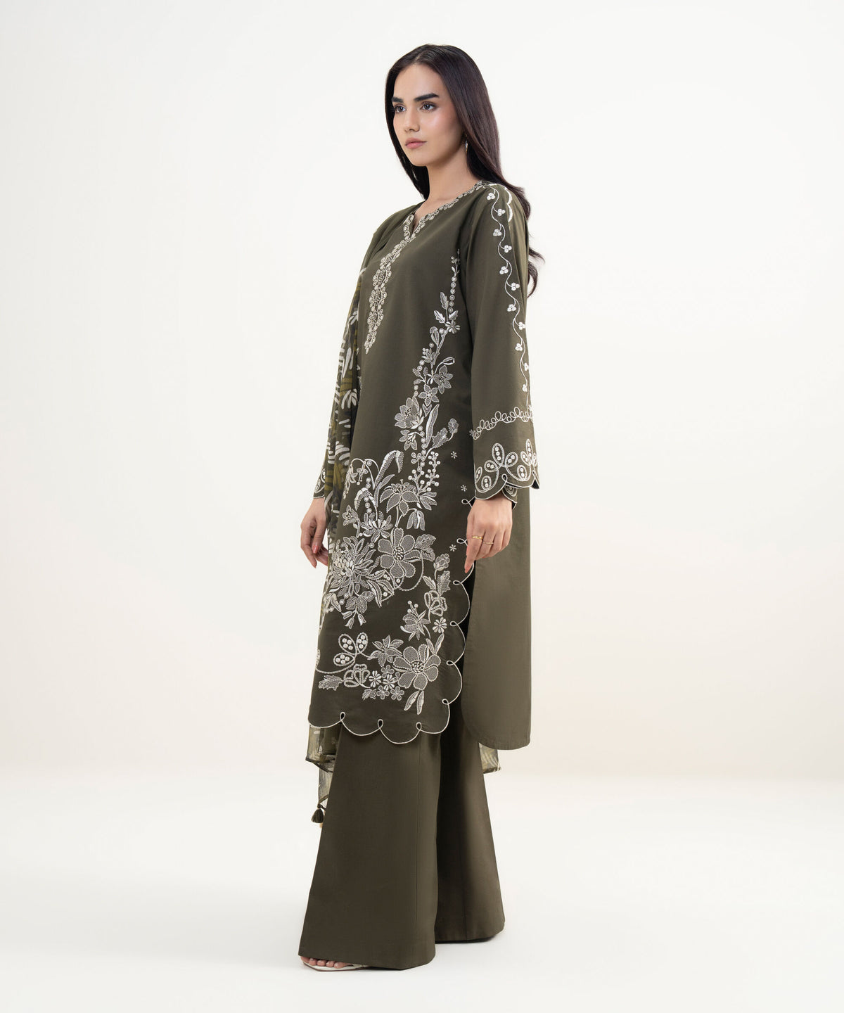 Bottle Green Embroidered Dhanak 3Pc Suit with Printed Shawl (HE D# 68A)