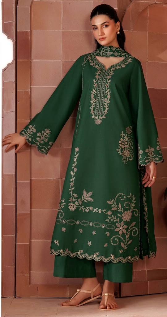 Dark Green Embroidered Dhanak 3Pc Suit with Embroidered Dupatta (HE D# 19B)