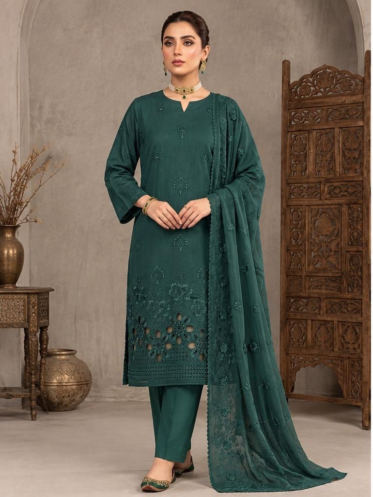 Emerald Green Embroidered 3PC Viscose Suit with Bamber Chiffon Dupatta (HE D#15A)