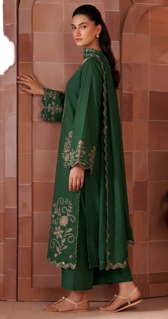 Dark Green Embroidered Dhanak 3Pc Suit with Embroidered Dupatta (HE D# 19B)