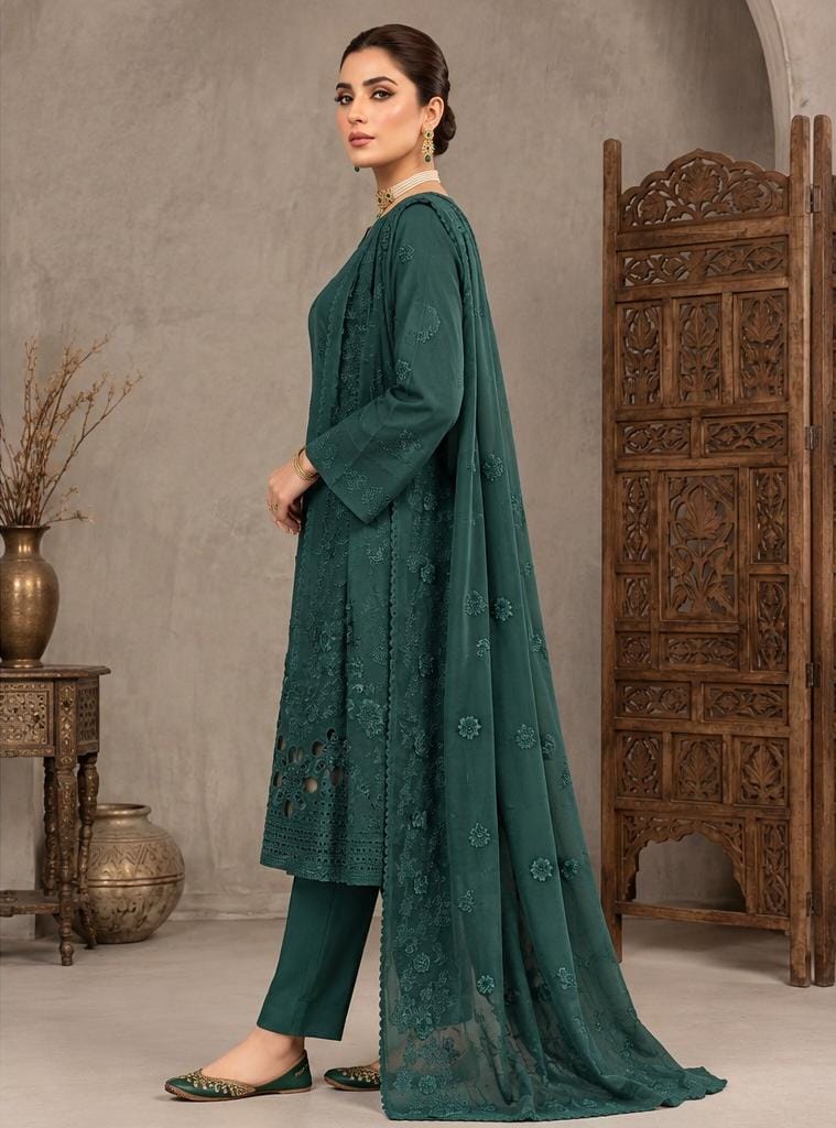 Emerald Green Embroidered 3PC Viscose Suit with Bamber Chiffon Dupatta (HE D#15A)