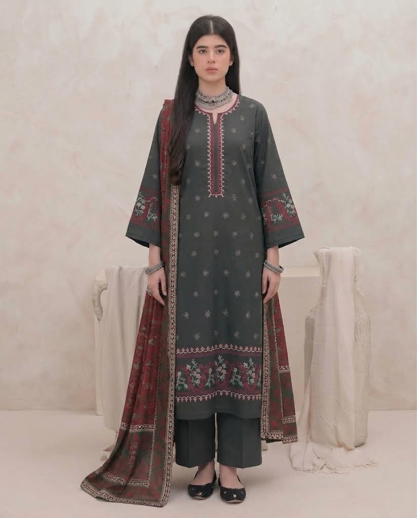 Charcoal Grey Embroidered 3PC Dhanak Suit with Digital Printed Dupatta (HE D# 308A)