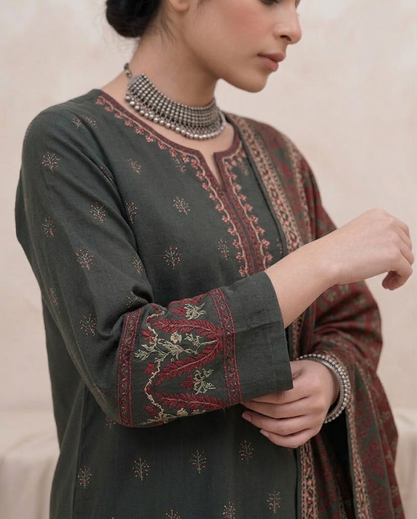 Charcoal Grey Embroidered 3PC Dhanak Suit with Digital Printed Dupatta (HE D# 308A)
