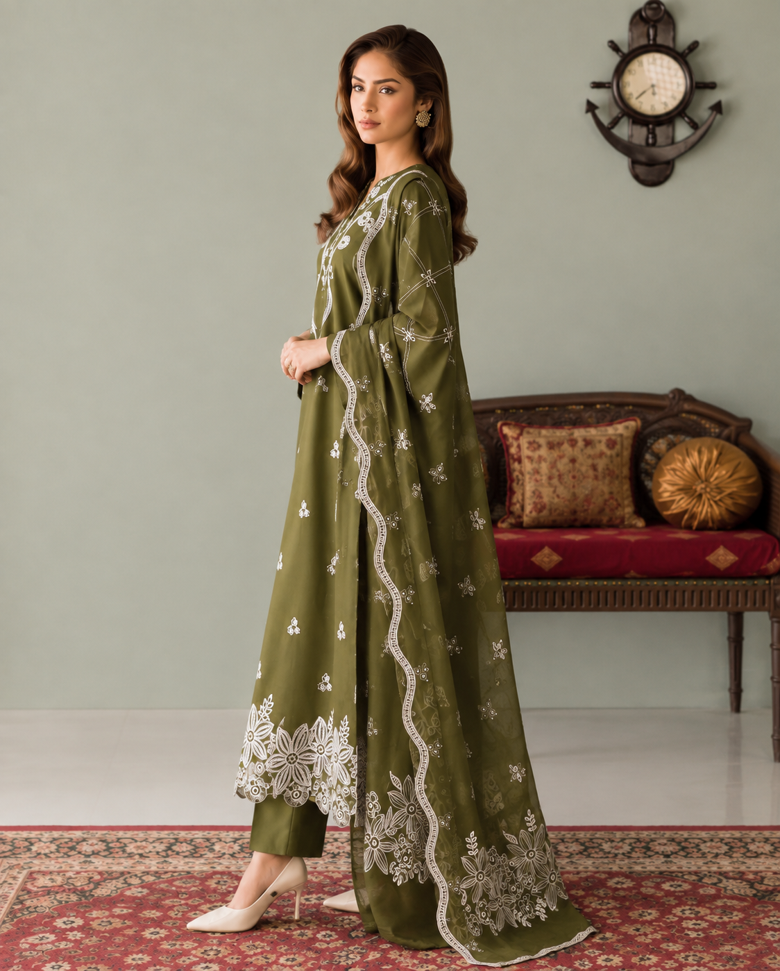 Olive Green Embroidered 3PC Dhanak Suit with Printed Shawl (HE D# 289A)