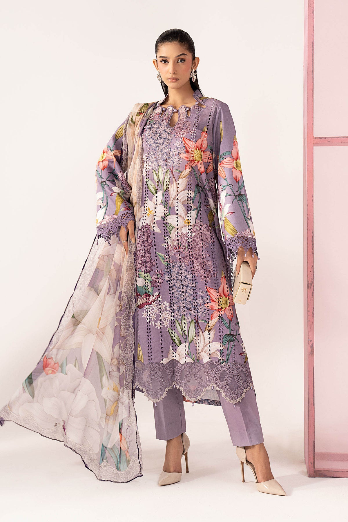 Lilac Floral Print 3PC Linen Suit with Embroidered Organza Dupatta (HE D#127 B)