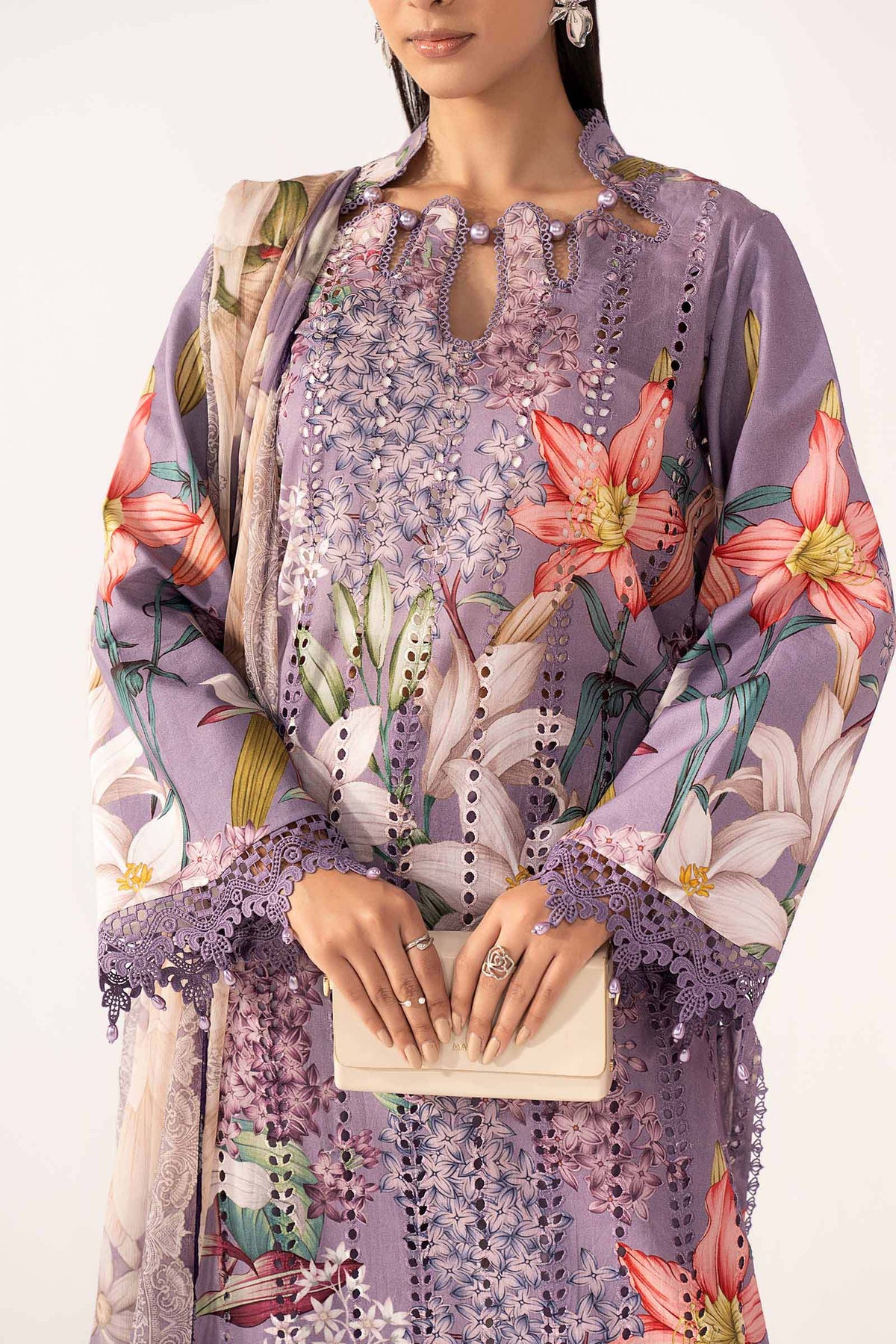 Lilac Floral Print 3PC Linen Suit with Embroidered Organza Dupatta (HE D#127 B)