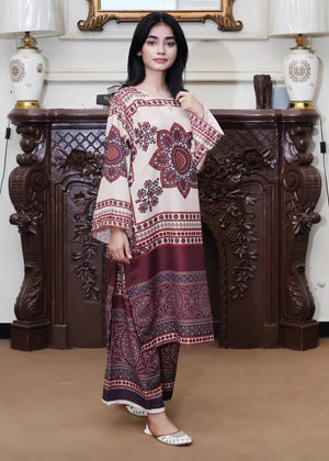 Peach Maroon Medallion Print 2PC Linen Suit with Ombre Hem (HE)