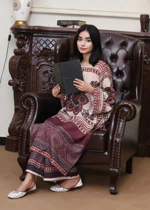 Peach Maroon Medallion Print 2PC Linen Suit with Ombre Hem (HE)
