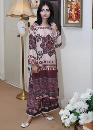 Peach Maroon Medallion Print 2PC Linen Suit with Ombre Hem (HE)