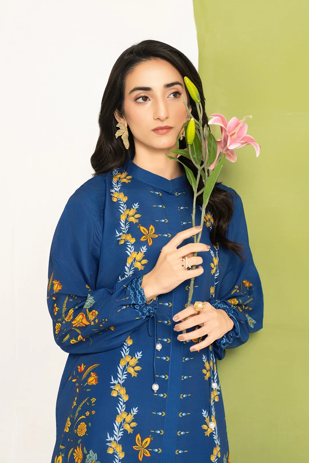 Royal Blue Floral Print 2PC Linen Suit with Button-Down Front (HE)