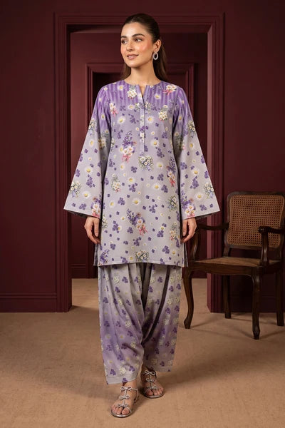 Lilac Floral Print 2PC Linen Suit with Salwar-Style Trouser (HE)