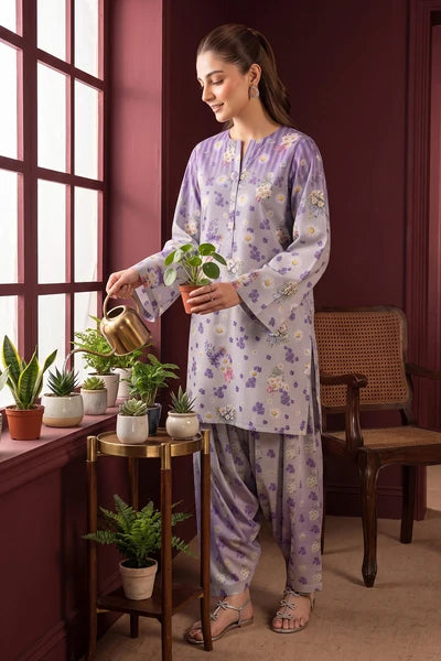 Lilac Floral Print 2PC Linen Suit with Salwar-Style Trouser (HE)