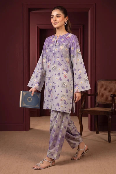 Lilac Floral Print 2PC Linen Suit with Salwar-Style Trouser (HE)