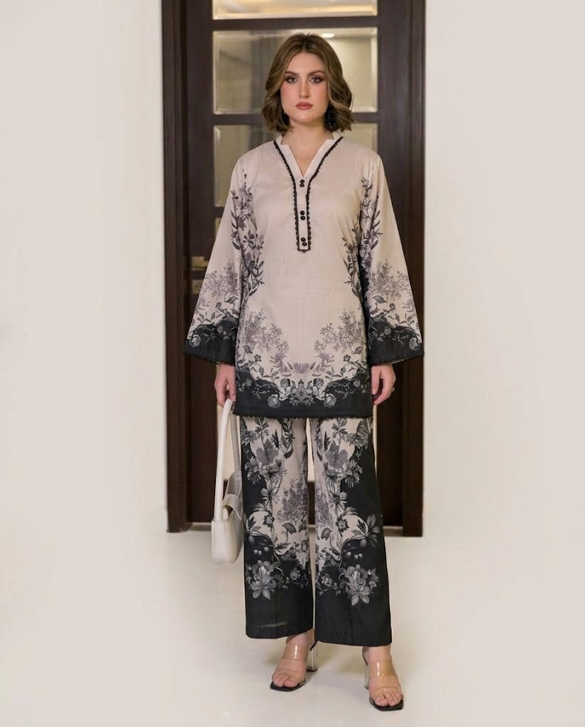 Ivory Black Floral Ombre Print 2PC Linen Suit with Bead-Trimmed Neckline (HE)