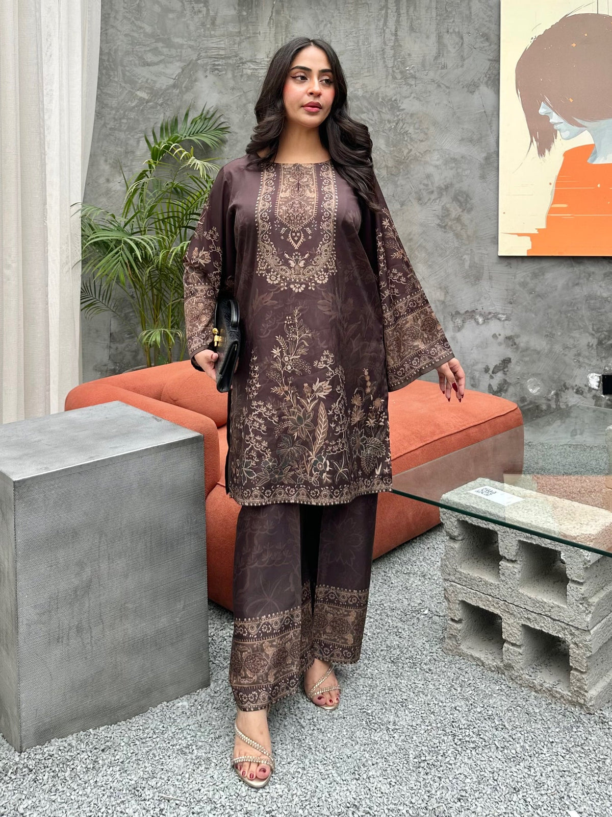 Deep Plum Botanical Print 2PC Linen Suit with Tonal Medallion Yoke (HE)