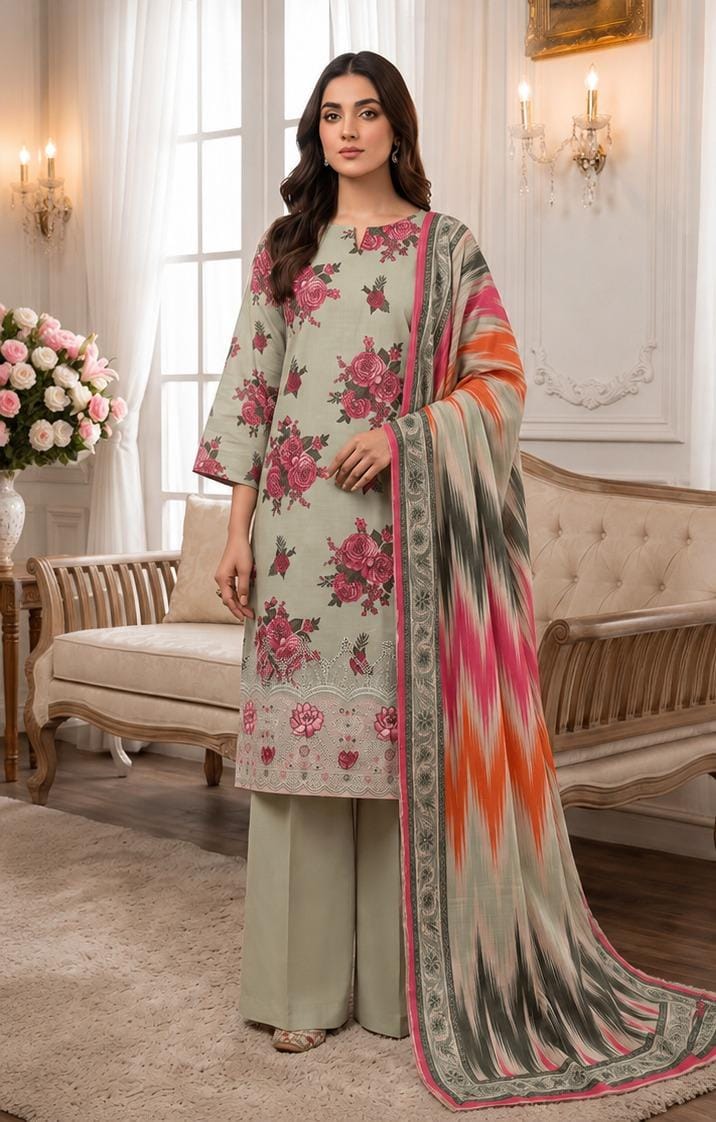 Pistachio Green Printed 3PC Dhanak Suit with Ikat Dupatta (HE D#213A)