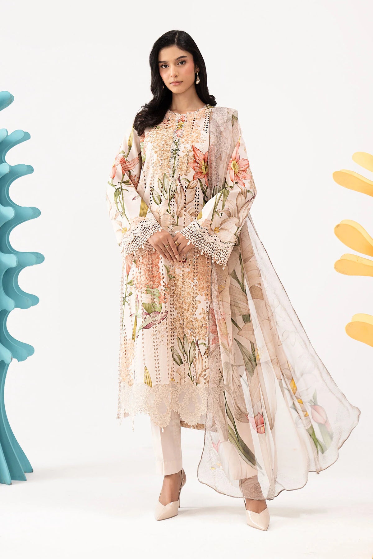 Cream Floral Print 3PC Linen Suit with Schiffli Embroidery & Organza Dupatta (HE D# 127A)