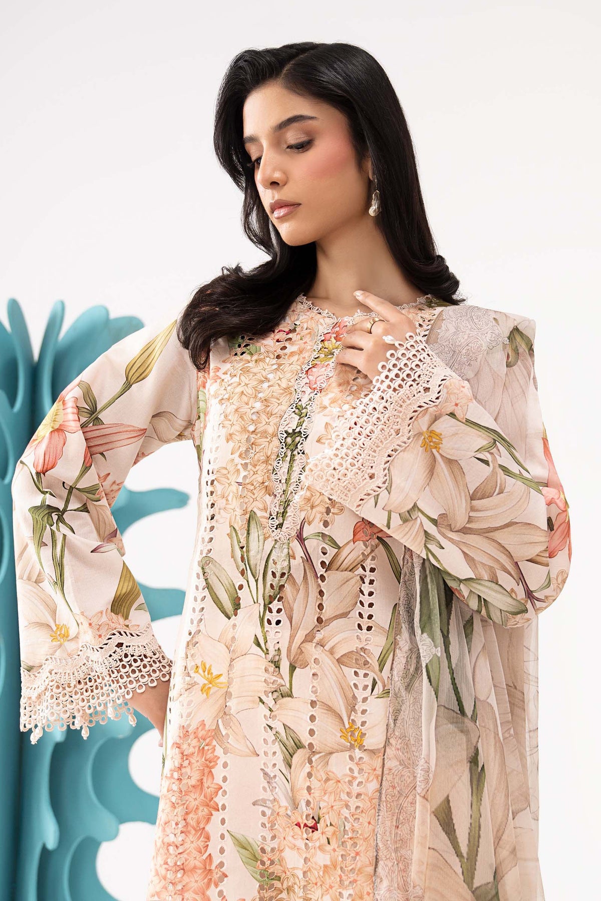Cream Floral Print 3PC Linen Suit with Schiffli Embroidery & Organza Dupatta (HE D# 127A)